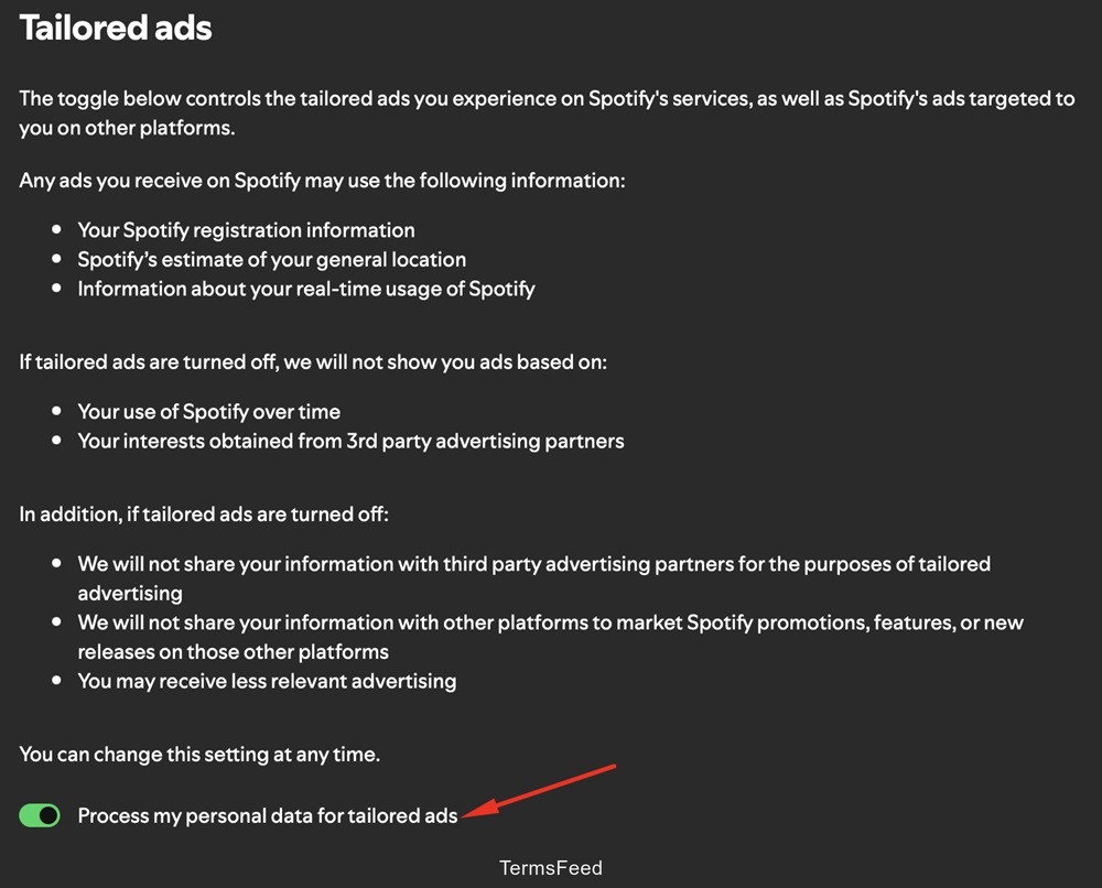 Spotify's settings page giving users an option to turn off personal data processing for tailored ads