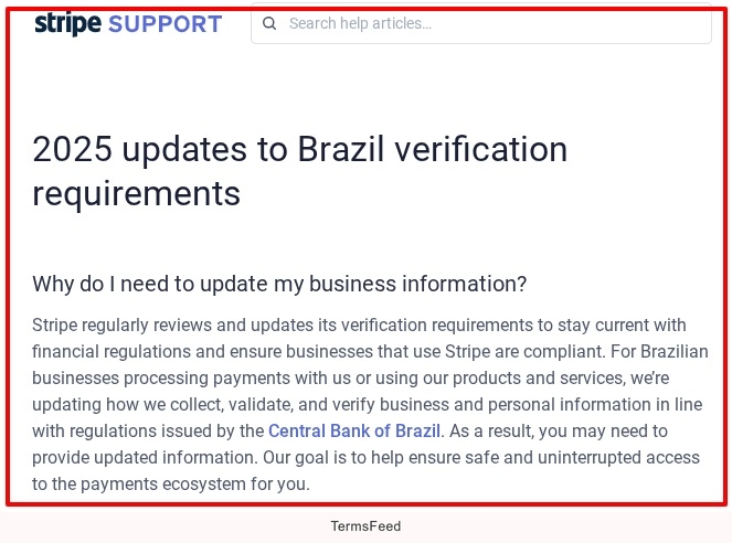 Stripe Support - 2025 Updates to Brazil Verification Requirements page