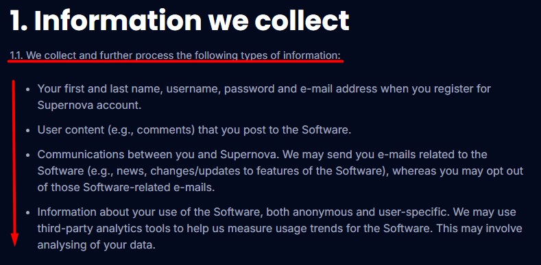 Supernova privacy policy data collection example