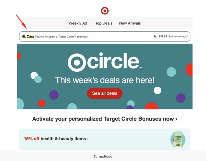Screenshot of Target Circle signup form, highlighting the requirement for name and email for marketing purposes