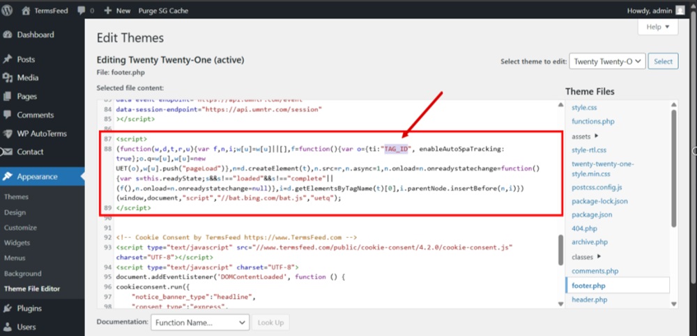 TermsFeed WordPress - Free Cookie Consent - Step 1 - Load the Microsoft UET script - Paste