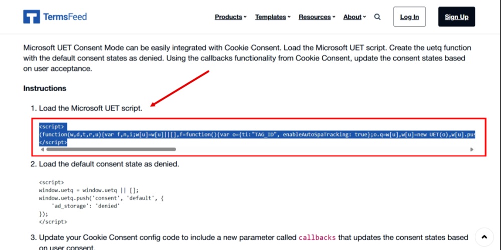 TermsFeed - Free Cookie Consent: Step 1 -  Load the Microsoft UET script