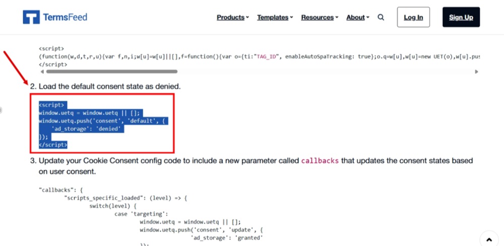 TermsFeed - Free Cookie Consent - Step 2 - Load the default consent state as denied