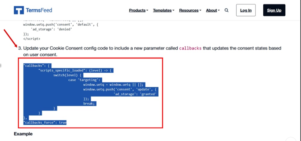 TermsFeed - Free Cookie Consent - Step 3 - Update config file with callbacks param