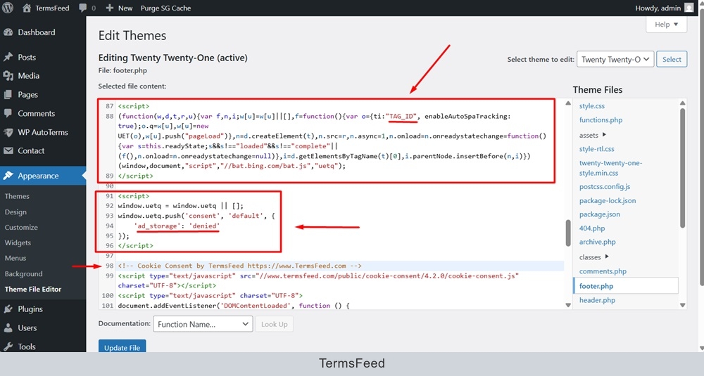 TermsFeed - WordPress - Free Cookie Consent - Step 1 - Create the uetq function and step 2 - Load the default consent state as denied - paste