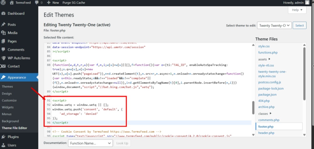 TermsFeed - WordPress - Free Cookie Consent - Step 2 - Load the default consent state as denied - paste