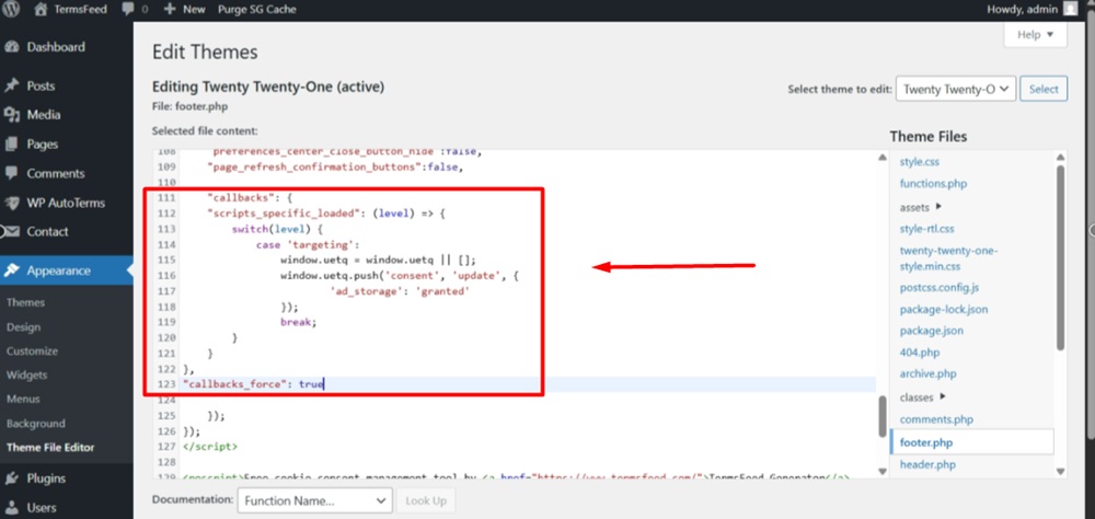 TermsFeed - WordPress - Free Cookie Consent - Step 3 - Cookie Consent config code with callbacks parameter - paste