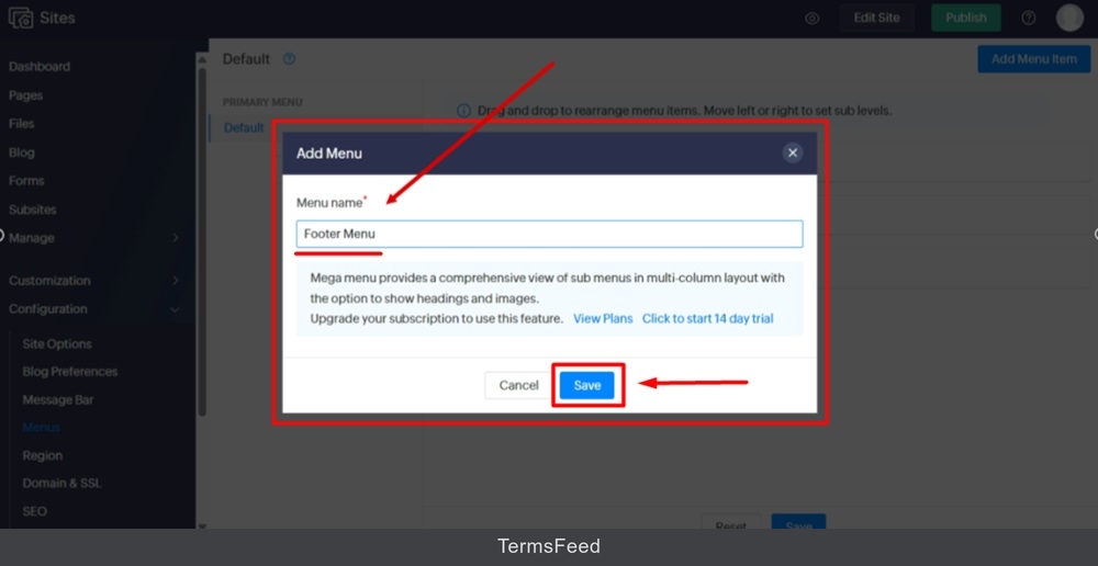 TermsFeed Zoho - Sites - Configuration - Menus - Add Menu - Footer - Save