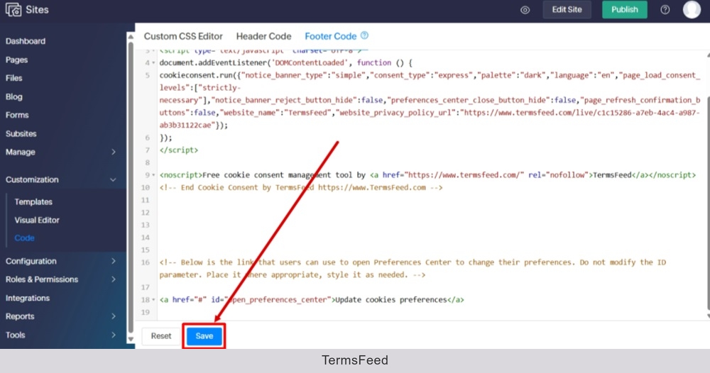 TermsFeed Zoho - Sites - Dashboard - Customization - Code - Footer code tab - Pasted - Save