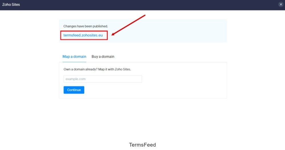TermsFeed Zoho - Sites - Dashboard - Customization - Code - Footer code tab - Pasted - Saved - Publish - URL