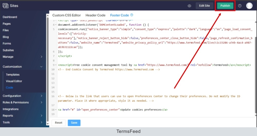 TermsFeed Zoho - Sites - Dashboard - Customization - Code - Footer code tab - Pasted - Saved - Publish