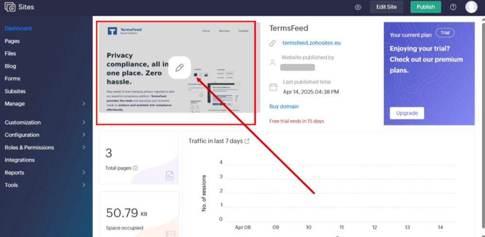 TermsFeed Zoho - Sites - Dashboard - Edit Site