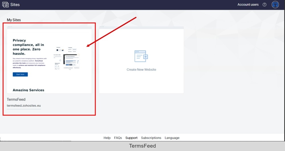 TermsFeed Zoho - Sites - Dashboard - My sites - Edit
