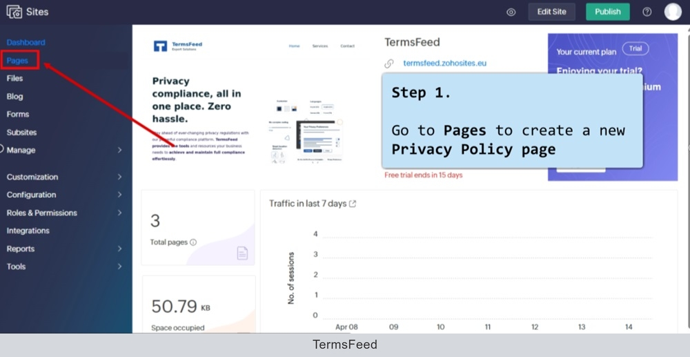 TermsFeed Zoho - Sites - Dashboard - Pages
