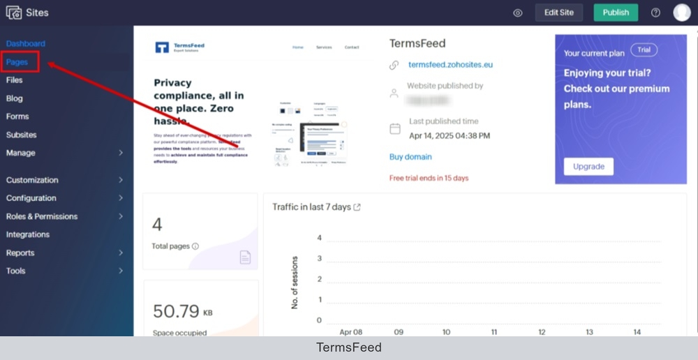 TermsFeed Zoho - Sites - Dashboard - Pages