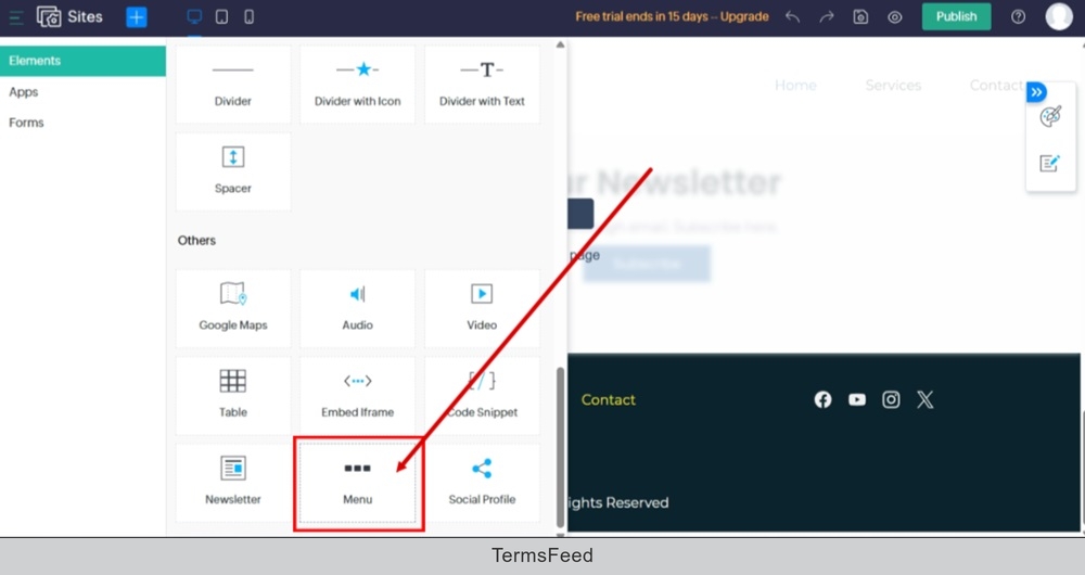 TermsFeed Zoho - Sites - Edit Site - Edit Footer - Add Element - Menu