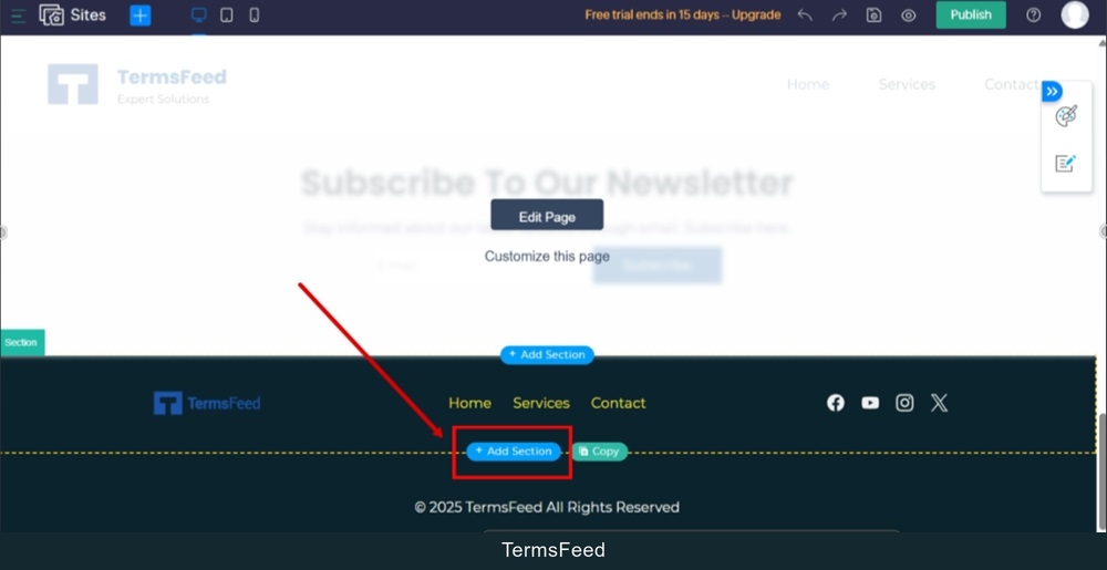 TermsFeed Zoho - Sites - Edit Site - Edit Footer - Add Section