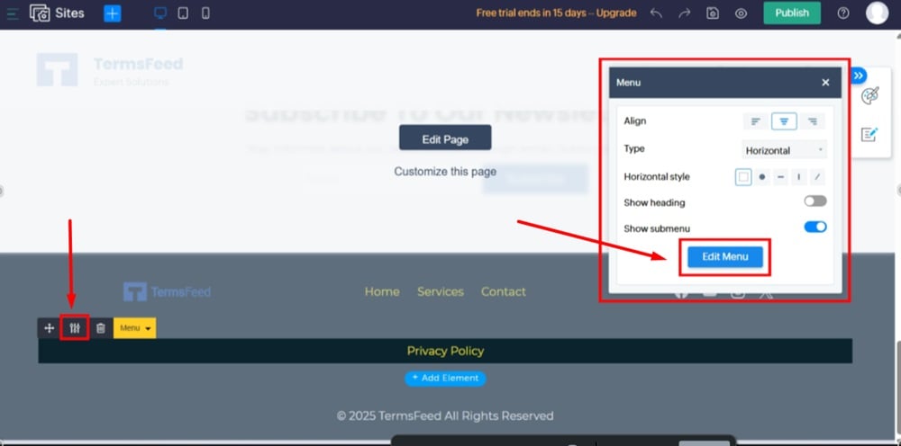 TermsFeed Zoho - Sites - Edit Site - Edit Footer - Menu Settings - Edit Menu