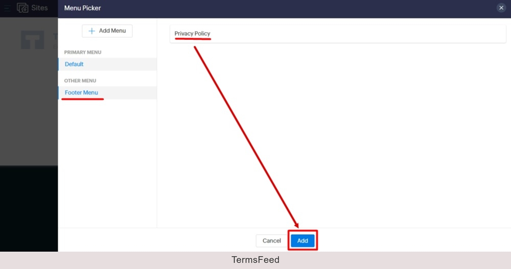 TermsFeed Zoho - Sites - Edit Site - Edit Footer - Section - Elements - Menu Picker - Footer Menu - Add