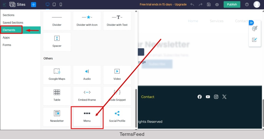 TermsFeed Zoho - Sites - Edit Site - Edit Footer - Section - Elements - Menu