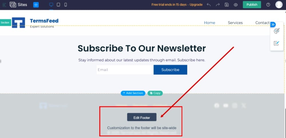 TermsFeed Zoho - Sites - Edit Site - Edit Footer