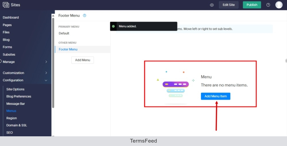 TermsFeed Zoho - Sites - Configuration - Menus - Add Menu - Footer - Saved - Add Menu Item