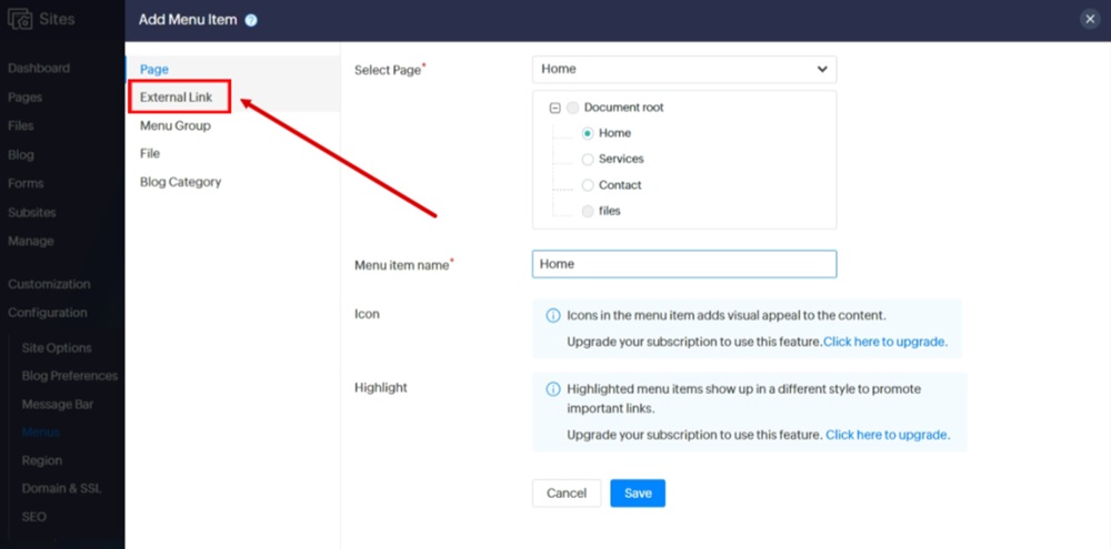 TermsFeed Zoho - Sites  - Menus - Added Footer Menu - Add Menu Item - Switch to the External Link option
