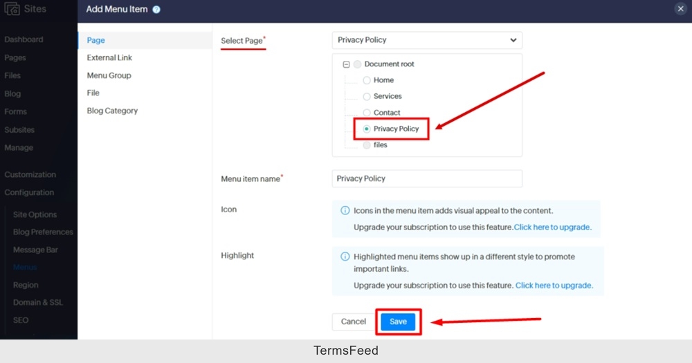 TermsFeed Zoho - Sites - Menus - Footer - Saved - Add Menu Item - Privacy Policy page selected - Save