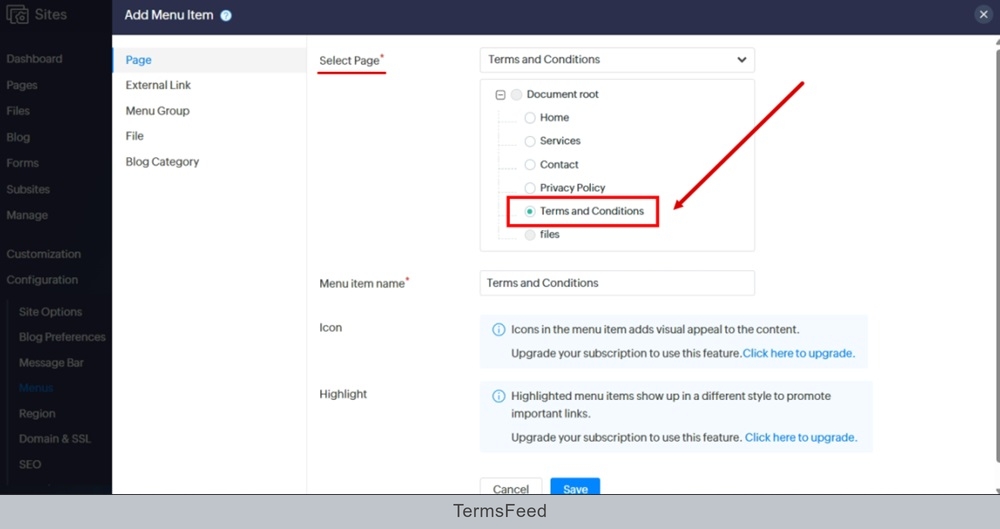TermsFeed Zoho - Sites - Menus - Footer - Saved - Add Menu Item - Terms and Conditions page selected