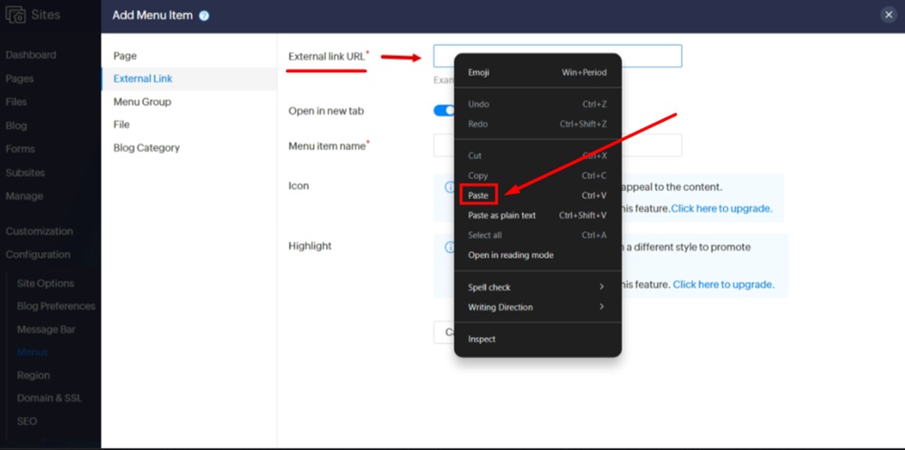 TermsFeed Zoho - Sites  - Menus - Added Footer Menu - Add Menu Item - External Link - Paste