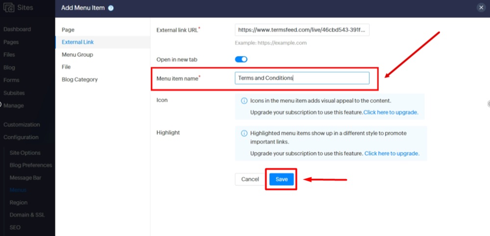 TermsFeed Zoho - Sites  - Menus - Added Footer Menu - Add Menu Item - External Link - Pasted - Name Terms and Conditions - Save