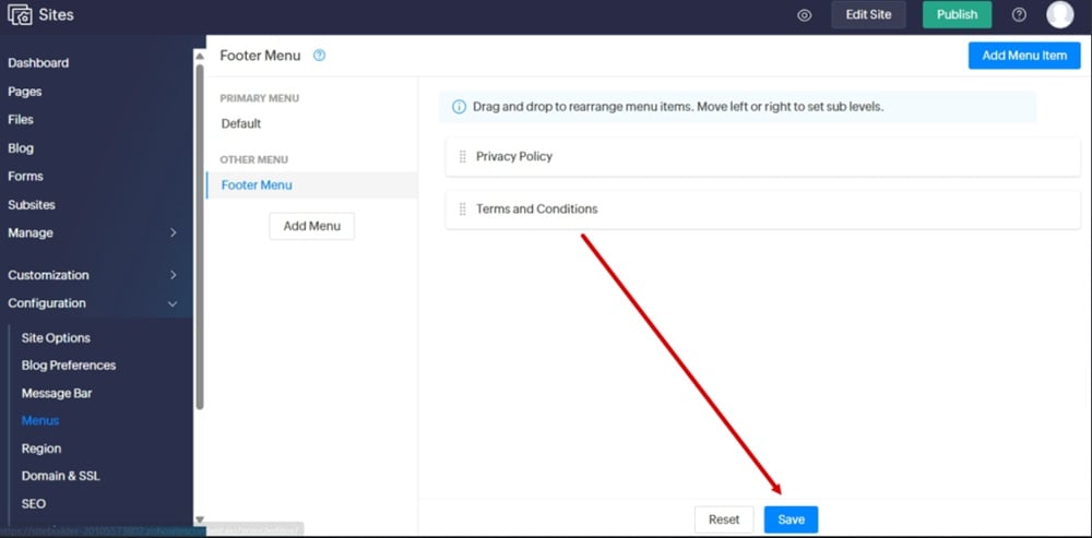TermsFeed Zoho - Sites  - Menus - Added Footer Menu - Add Menu Item - External Link - Pasted - Name Terms and Conditions - Saved - Add