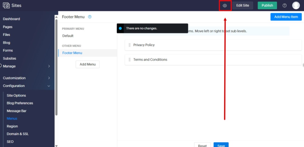 TermsFeed Zoho - Sites  - Menus - Added Footer Menu - Add Menu Item - External Link - Pasted - Name Terms and Conditions - Saved - Preview