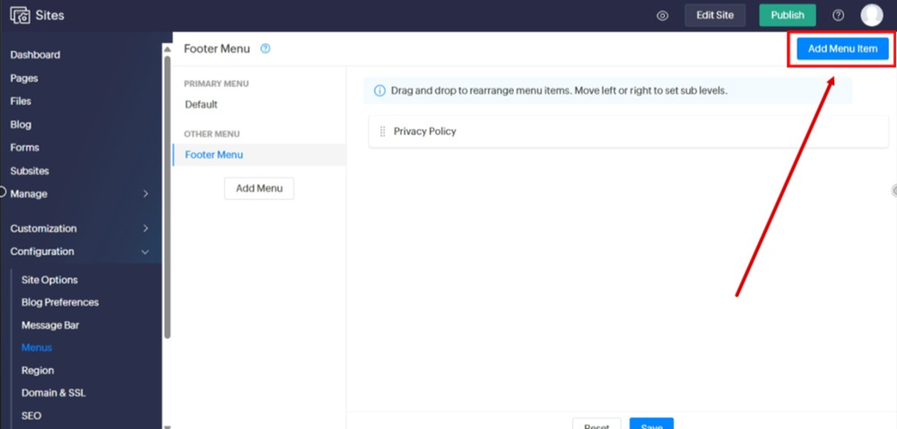TermsFeed Zoho - Sites - Menus - Footer Menu - Add Menu Item