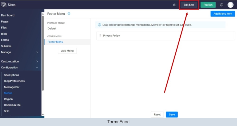 TermsFeed Zoho - Sites  - Menus - Added Footer Menu - Item - External Link - Privacy Policy URL - Saved - Edit Site