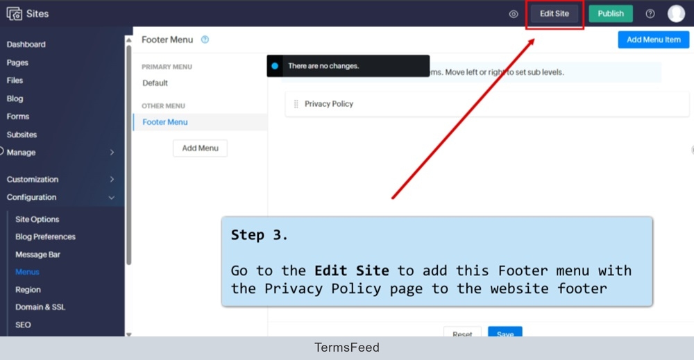 TermsFeed Zoho - Sites - Menus - Footer - Saved - Menu Item - Privacy Policy page added - Edit Site selected