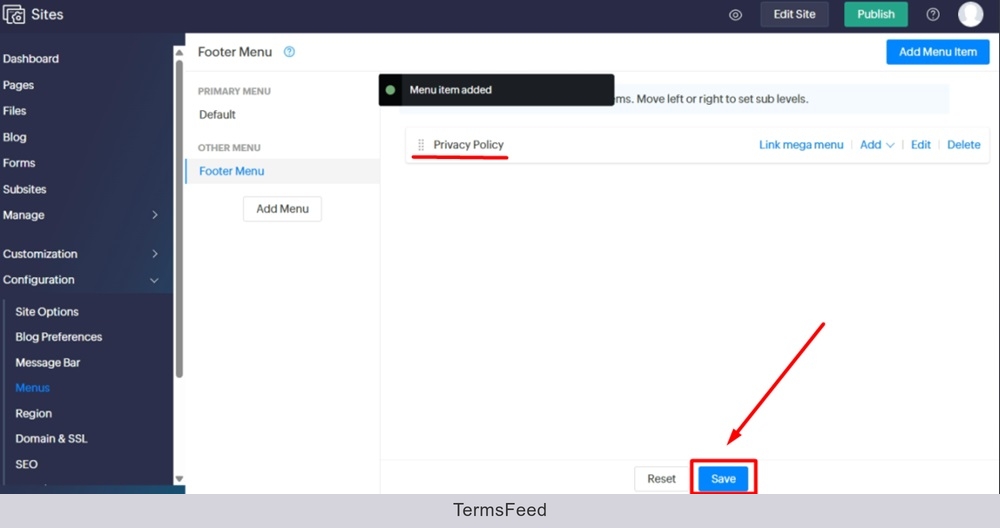 TermsFeed Zoho - Sites - Menus - Footer - Saved - Menu Item - Privacy Policy page selected - Saved - Save