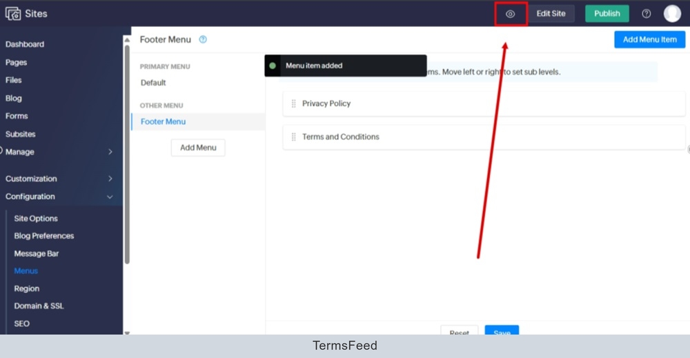 TermsFeed Zoho - Sites - Menus - Footer - Terms and Conditions added to menu - Preview changes