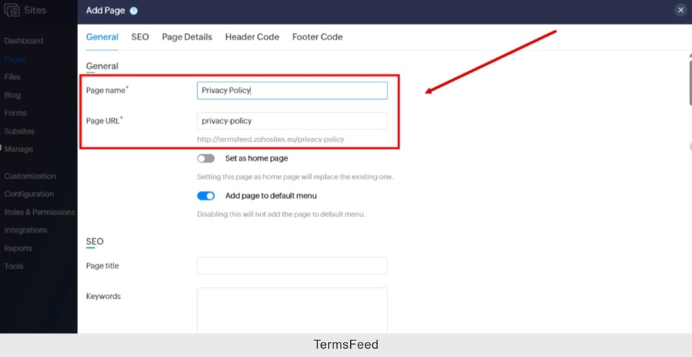TermsFeed Zoho - Sites - Pages - Add new page - Name - Privacy Policy