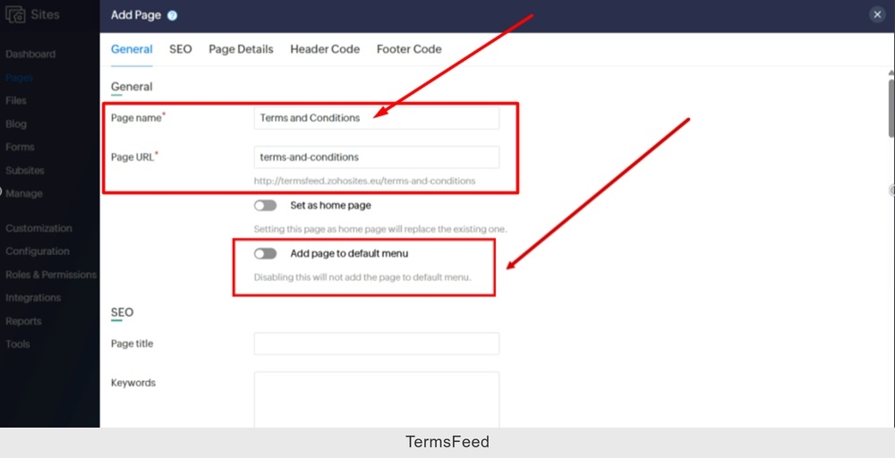 TermsFeed Zoho - Sites - Pages - Add new page - Name - Terms and Conditions
