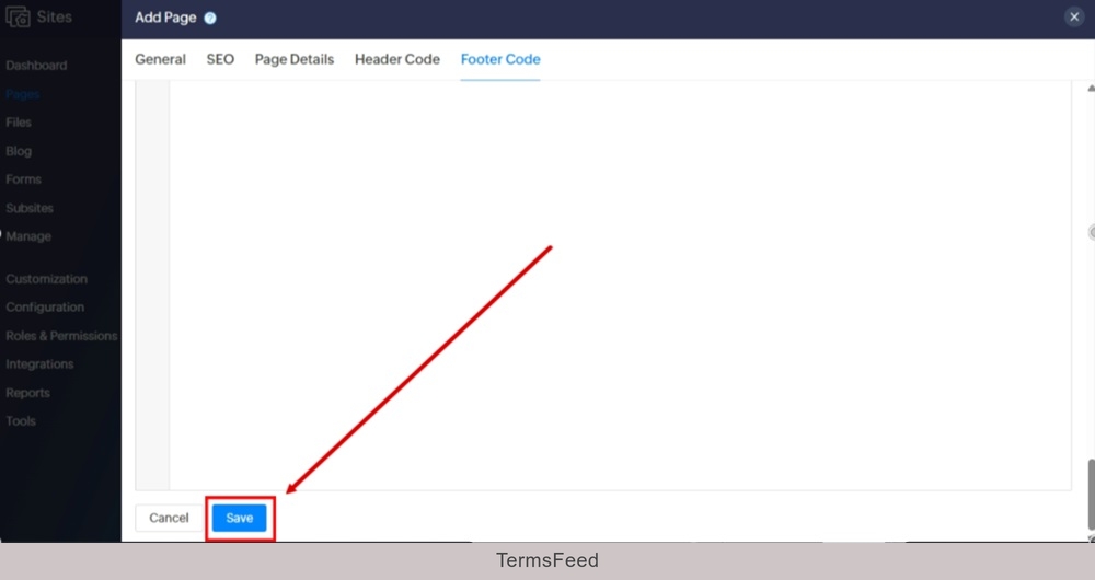TermsFeed Zoho - Sites - Pages - Add new page - Save