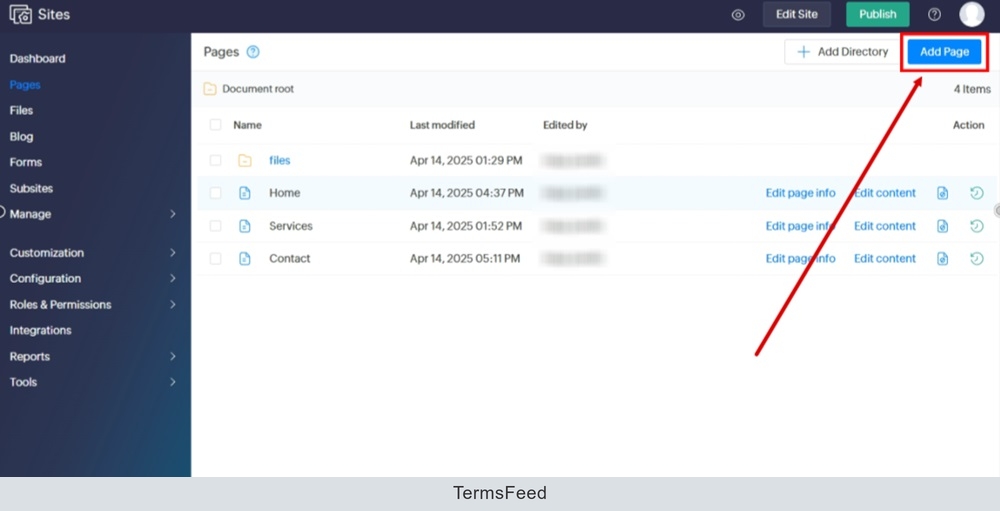 TermsFeed Zoho - Sites - Pages - Add new page