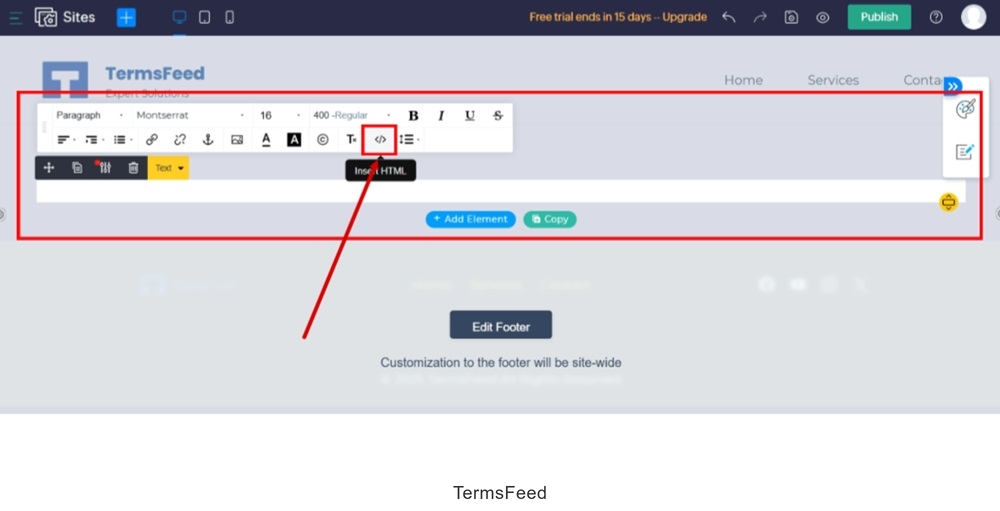 TermsFeed Zoho - Sites - Pages - New page is added - Add element - Paragraph - editor - Code icon selected
