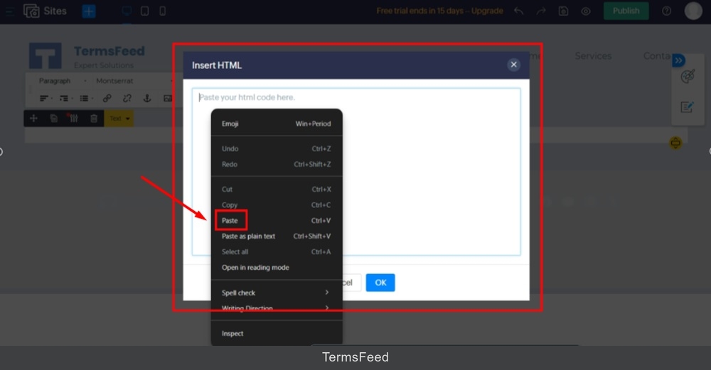 TermsFeed Zoho - Sites - Pages - New page is added - Add element - Paragraph - editor - Code paste