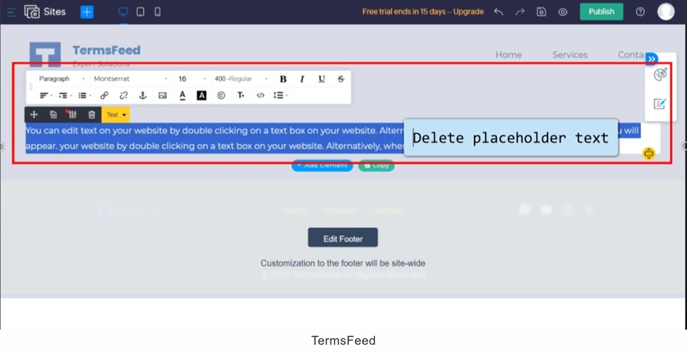TermsFeed Zoho - Sites - Pages - New page is added - Add element - Paragraph - Delete placeholder text