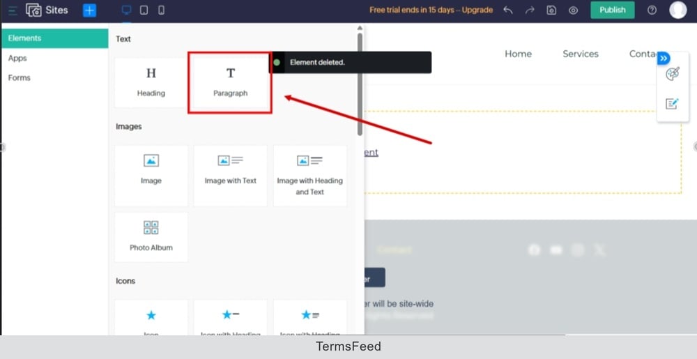 TermsFeed Zoho - Sites - Pages - New page is added - Add element - Paragraph selected