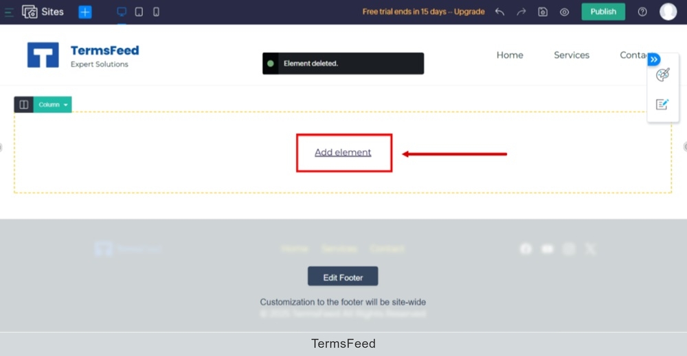TermsFeed Zoho - Sites - Pages - New page is added - Add element