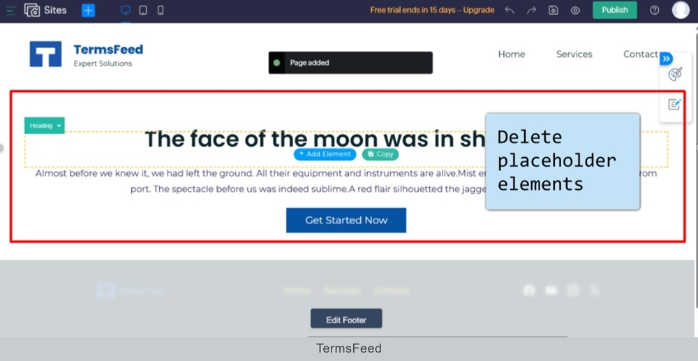 TermsFeed Zoho - Sites - Pages - New page is added - Delete placeholder elements