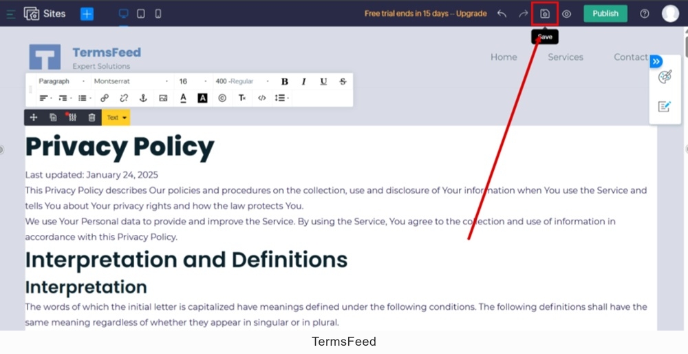 TermsFeed Zoho - Sites - Pages - New page Privacy Policy is added - Add element - Paragraph - editor - Code pasted - OK - Save
