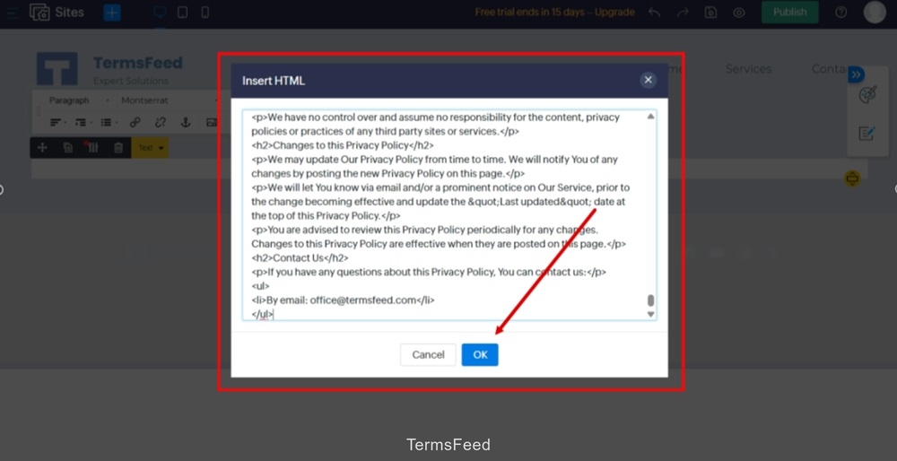 TermsFeed Zoho - Sites - Pages - New page Privacy Policy is added - Add element - Paragraph - editor - Code pasted - OK